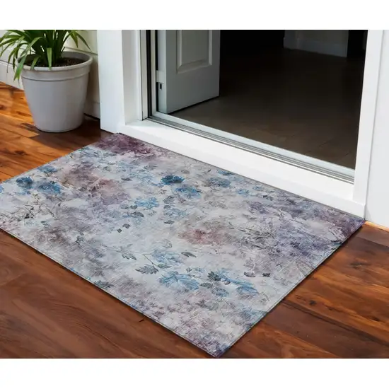 Navy Blue And Sky Blue Floral Washable Indoor Outdoor Area Rug Photo 1