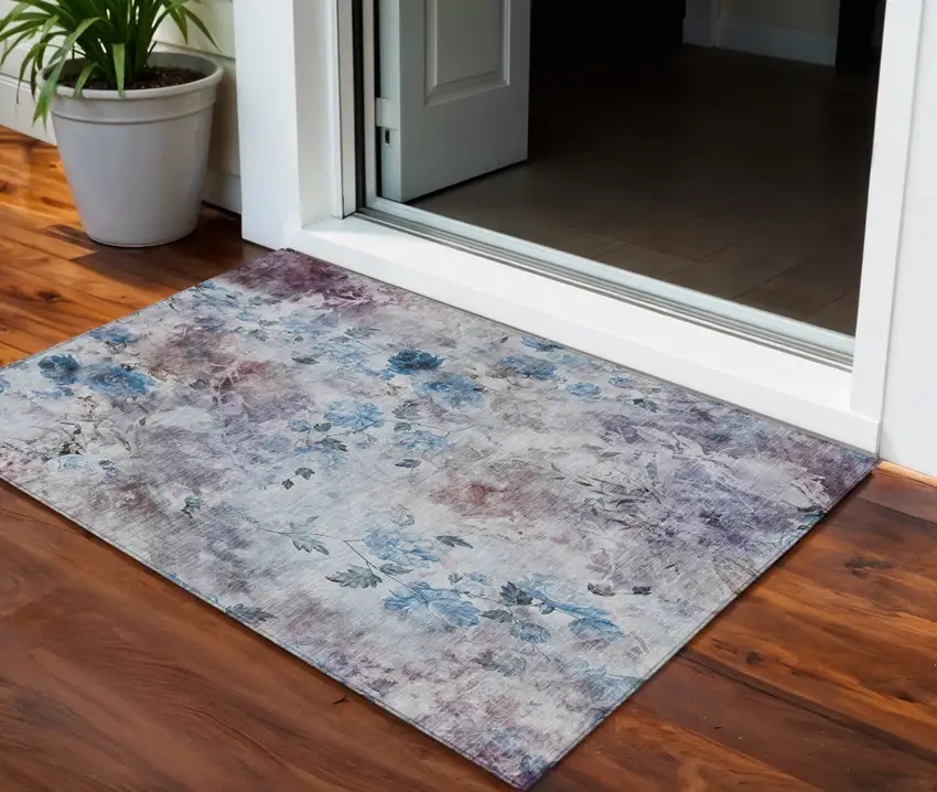 Navy Blue And Sky Blue Floral Washable Indoor Outdoor Area Rug Photo 1