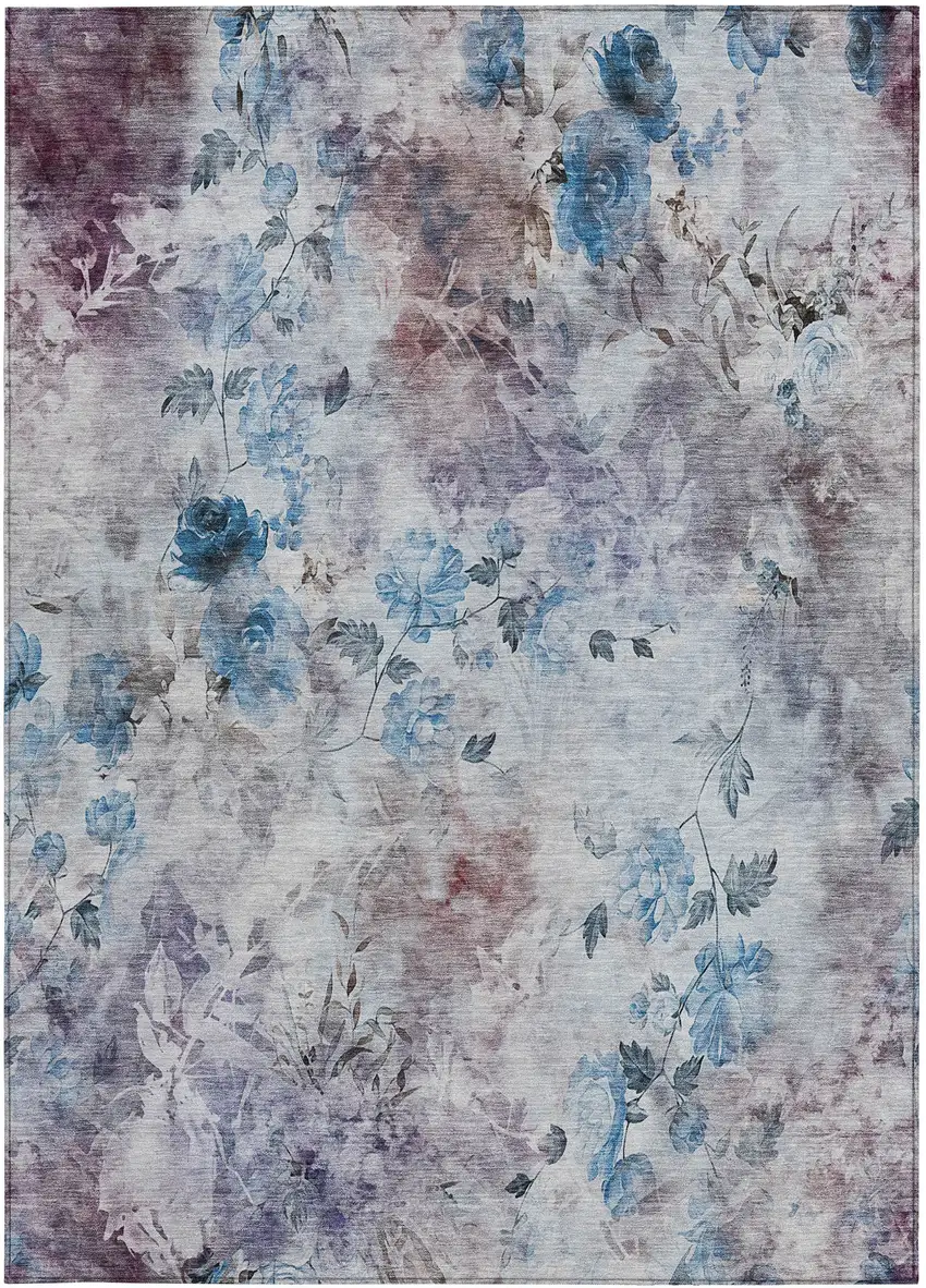 Navy Blue And Sky Blue Floral Washable Indoor Outdoor Area Rug Photo 6