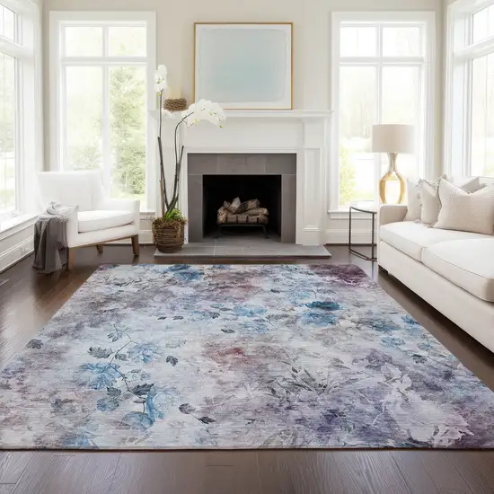 Navy Blue And Sky Blue Floral Washable Indoor Outdoor Area Rug Photo 8