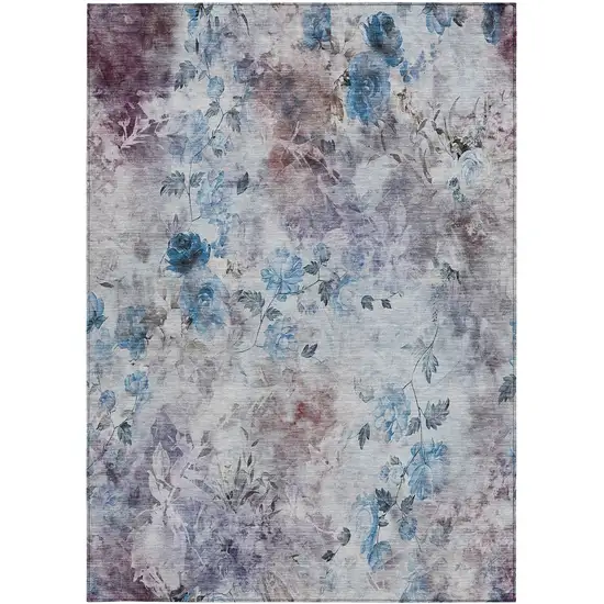 Navy Blue And Sky Blue Floral Washable Indoor Outdoor Area Rug Photo 6