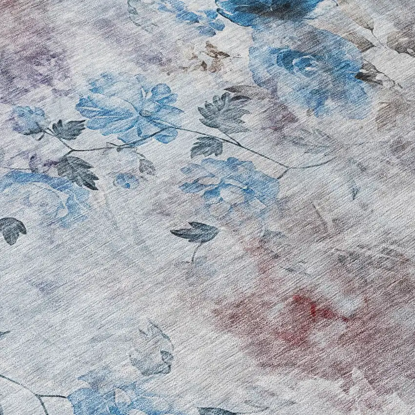 Navy Blue And Sky Blue Floral Washable Indoor Outdoor Area Rug Photo 4