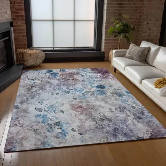 Navy Blue And Sky Blue Floral Washable Indoor Outdoor Area Rug Photo 9
