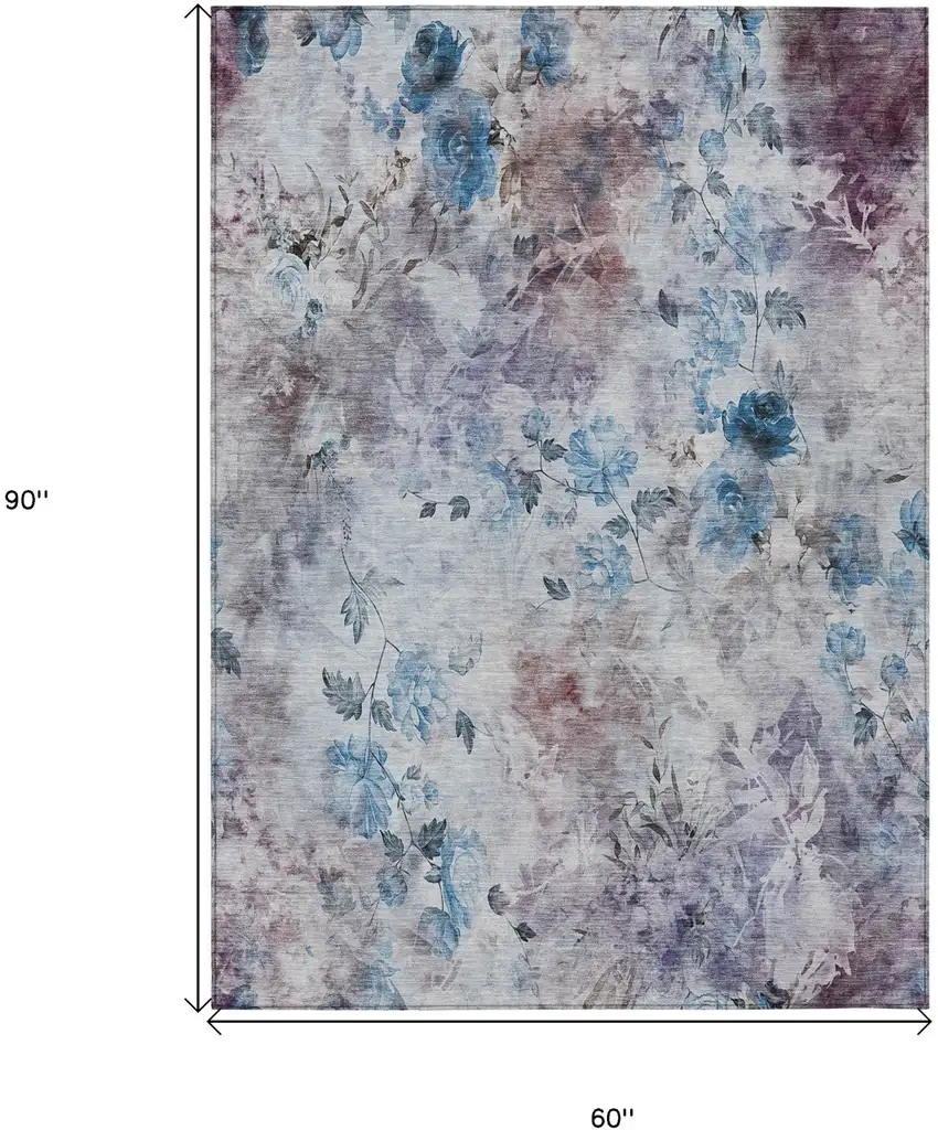 Navy Blue And Sky Blue Floral Washable Indoor Outdoor Area Rug Photo 8