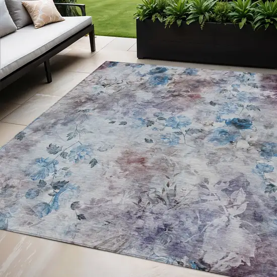 Navy Blue And Sky Blue Floral Washable Indoor Outdoor Area Rug Photo 1