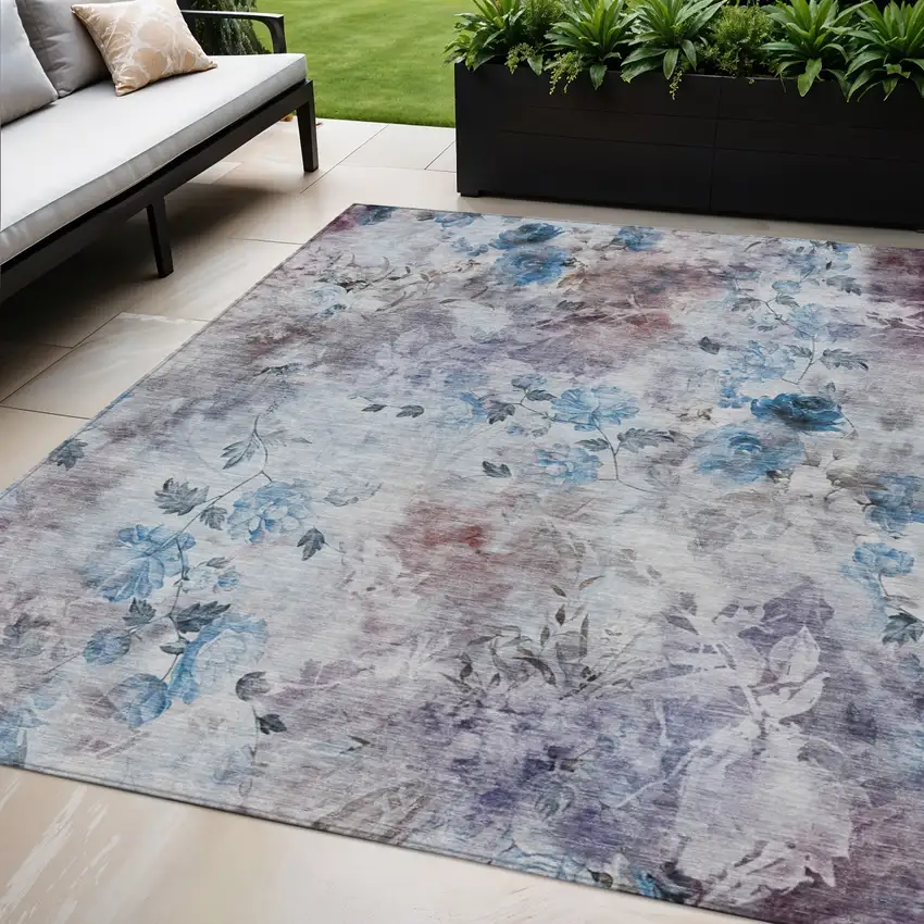 Navy Blue And Sky Blue Floral Washable Indoor Outdoor Area Rug Photo 1
