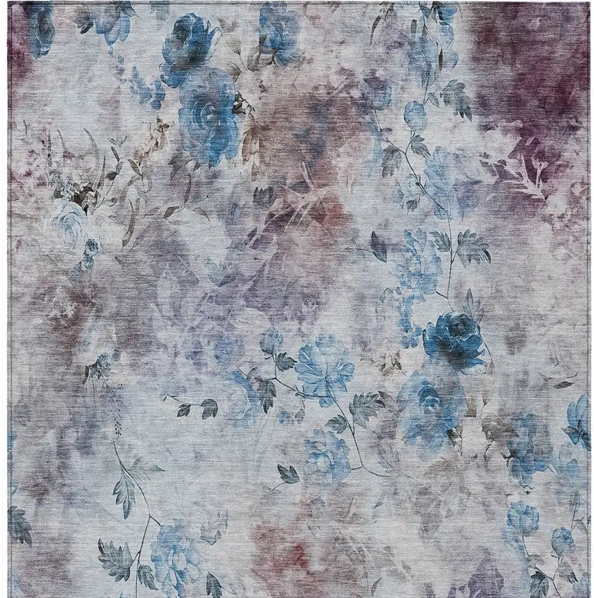 Navy Blue And Sky Blue Floral Washable Indoor Outdoor Area Rug Photo 7