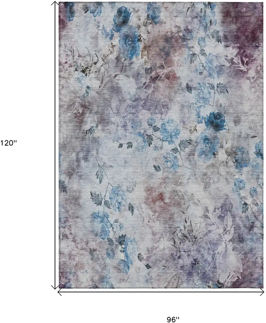 Navy Blue And Sky Blue Floral Washable Indoor Outdoor Area Rug Photo 8