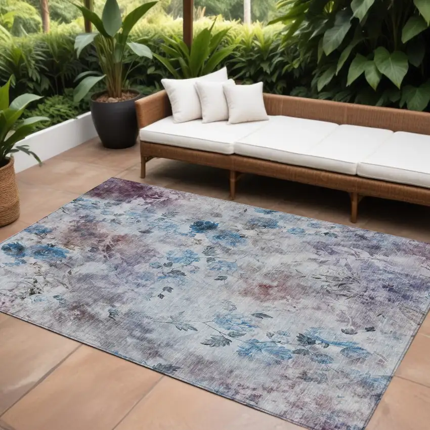 Navy Blue And Sky Blue Floral Washable Indoor Outdoor Area Rug Photo 1