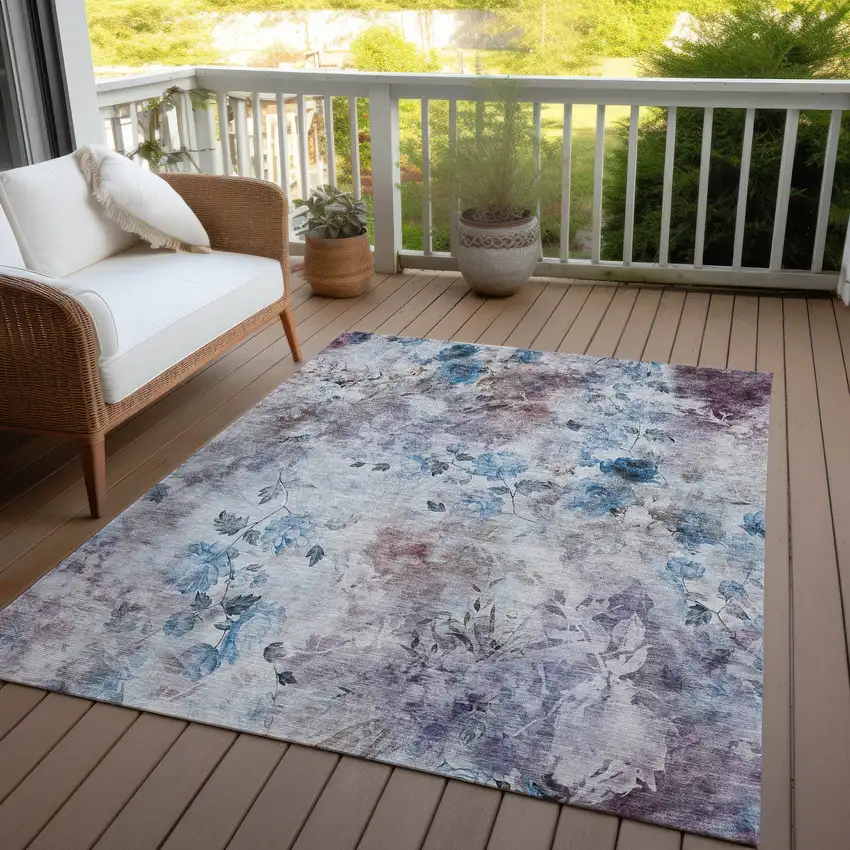 Navy Blue And Sky Blue Floral Washable Indoor Outdoor Area Rug Photo 7