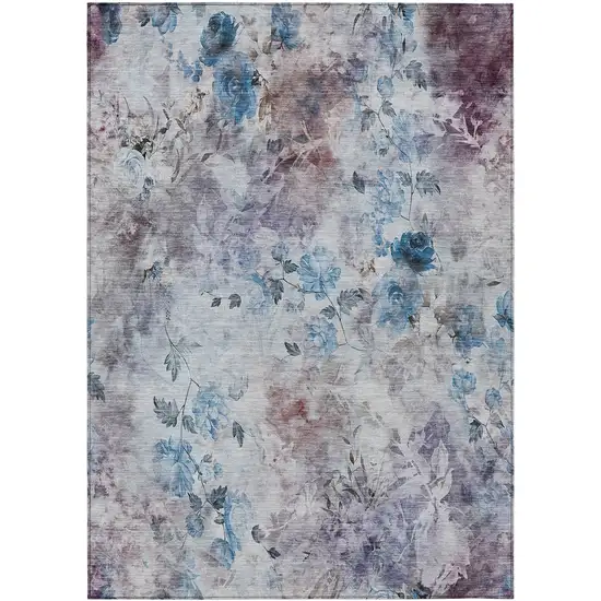 Navy Blue And Sky Blue Floral Washable Indoor Outdoor Area Rug Photo 2