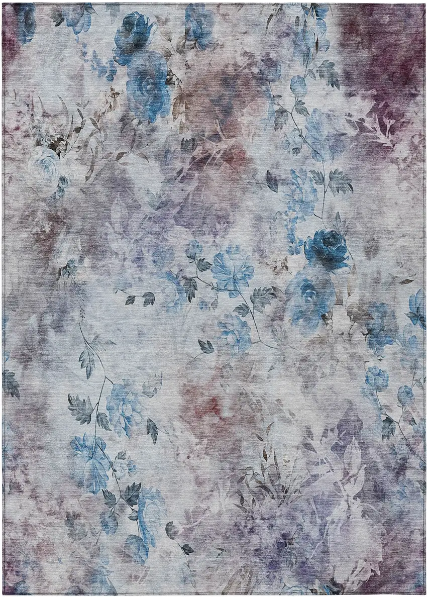 Navy Blue And Sky Blue Floral Washable Indoor Outdoor Area Rug Photo 2