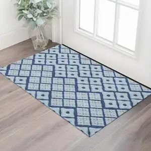 Photo of Navy Blue And Sky Blue Geometric Washable Area Rug With UV Protection