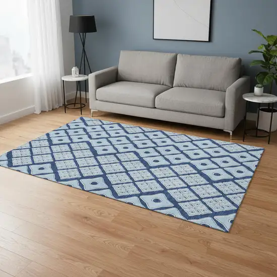 Navy Blue And Sky Blue Geometric Washable Area Rug With UV Protection Photo 1