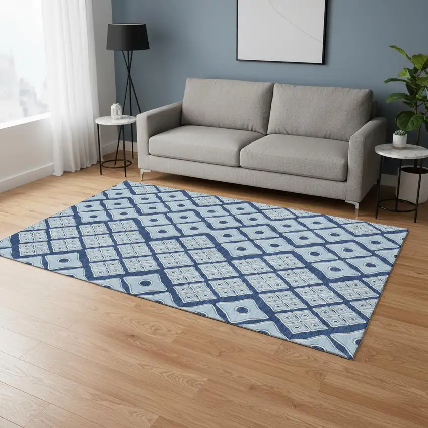 Navy Blue And Sky Blue Geometric Washable Area Rug With UV Protection Photo 1
