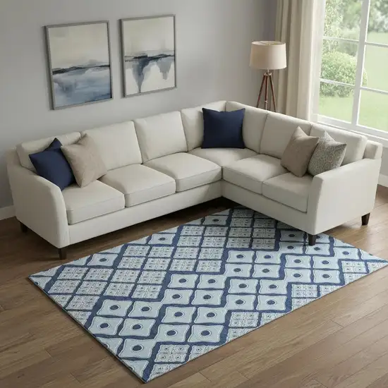 Navy Blue And Sky Blue Geometric Washable Area Rug With UV Protection Photo 1