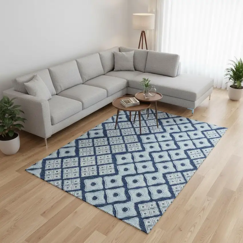 Navy Blue And Sky Blue Geometric Washable Area Rug With UV Protection Photo 1