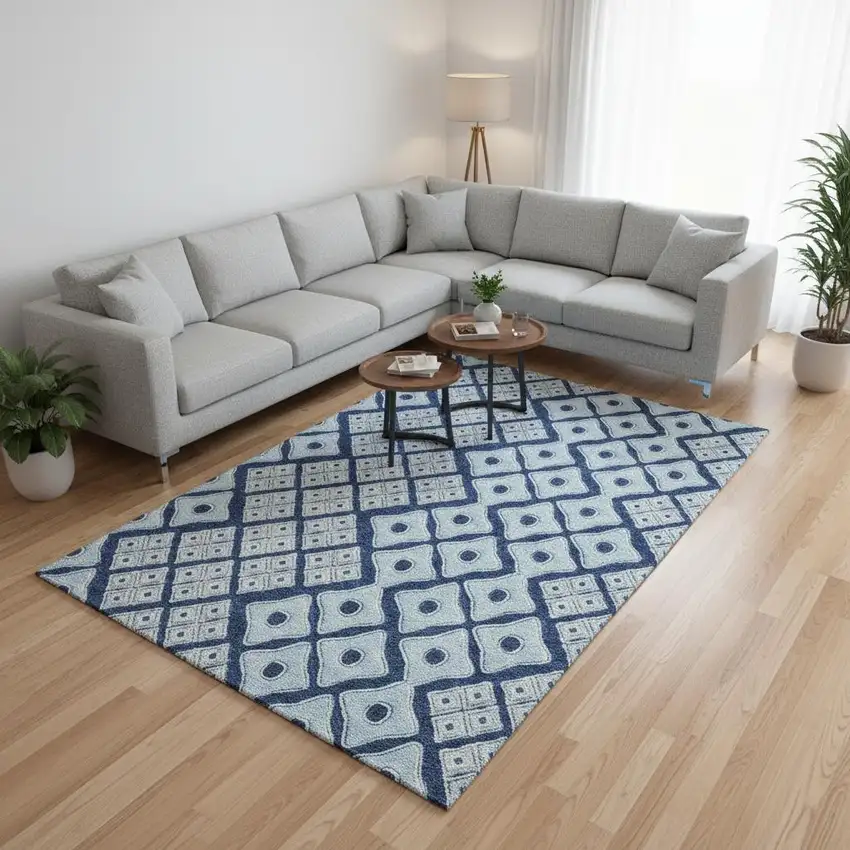 Navy Blue And Sky Blue Geometric Washable Area Rug With UV Protection Photo 1