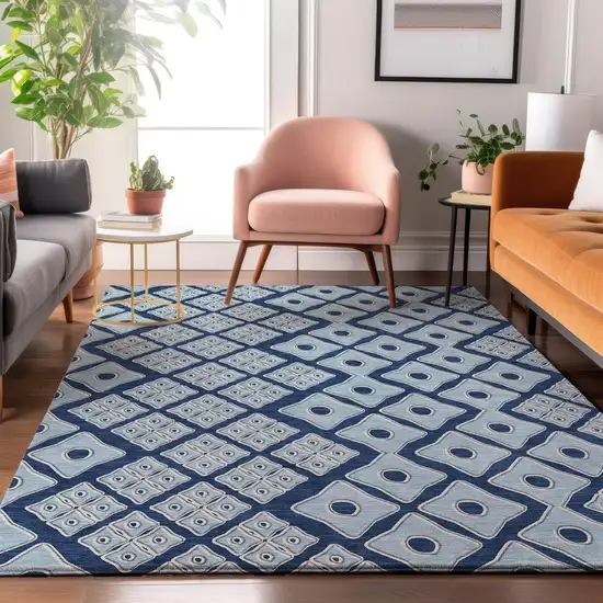 Navy Blue And Sky Blue Geometric Washable Area Rug With UV Protection Photo 6