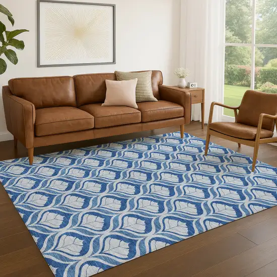 Navy Blue And Sky Blue Geometric Washable Indoor Outdoor Area Rug Photo 5