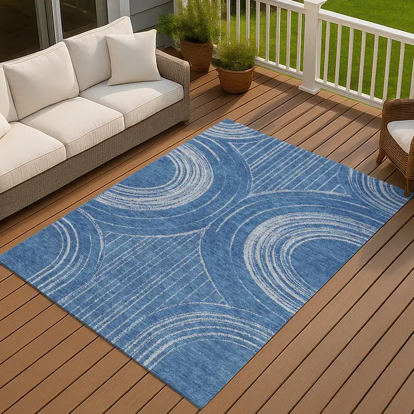 Navy Blue And Sky Blue Geometric Washable Indoor Outdoor Area Rug Photo 3