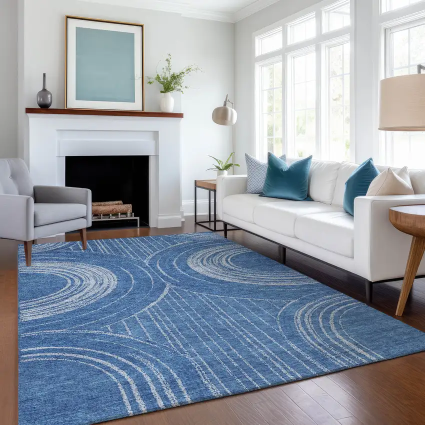 Navy Blue And Sky Blue Geometric Washable Indoor Outdoor Area Rug Photo 4