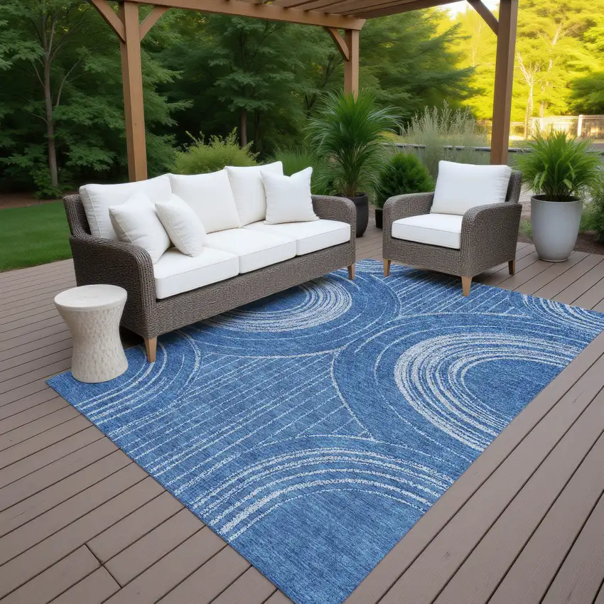 Navy Blue And Sky Blue Geometric Washable Indoor Outdoor Area Rug Photo 5