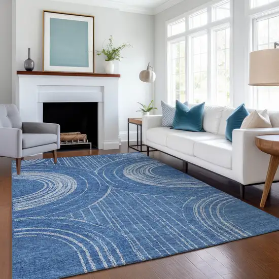 Navy Blue And Sky Blue Geometric Washable Indoor Outdoor Area Rug Photo 5