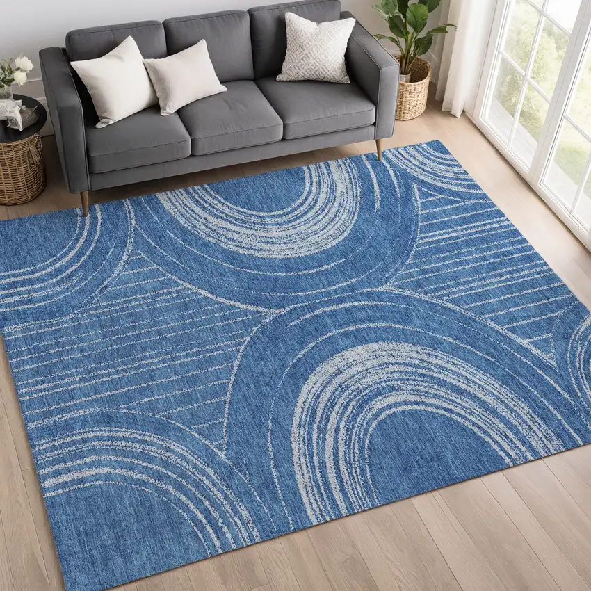 Navy Blue And Sky Blue Geometric Washable Indoor Outdoor Area Rug Photo 4