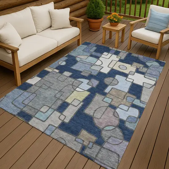 Navy Blue And Sky Blue Geometric Washable Indoor Outdoor Area Rug Photo 7