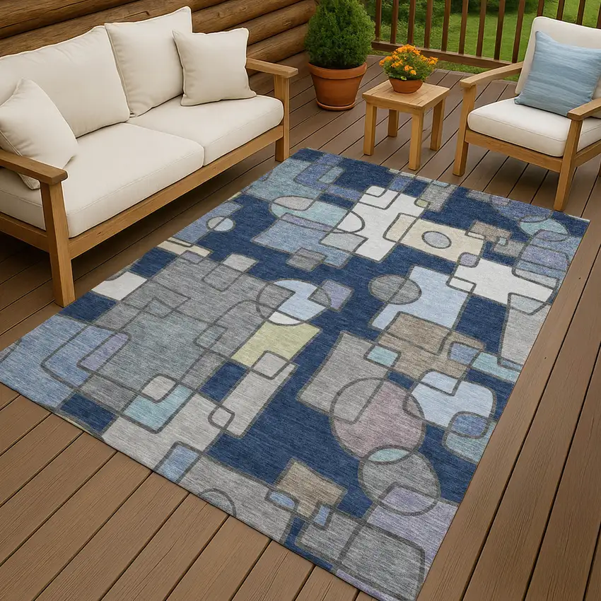 Navy Blue And Sky Blue Geometric Washable Indoor Outdoor Area Rug Photo 7