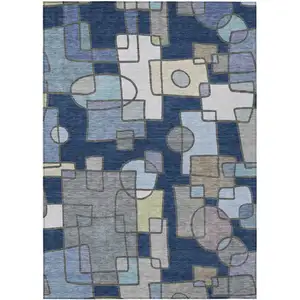 Photo of Navy Blue And Sky Blue Geometric Washable Indoor Outdoor Area Rug