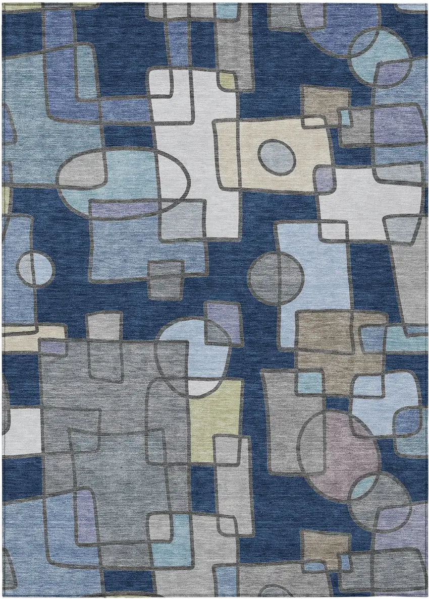 Navy Blue And Sky Blue Geometric Washable Indoor Outdoor Area Rug Photo 1