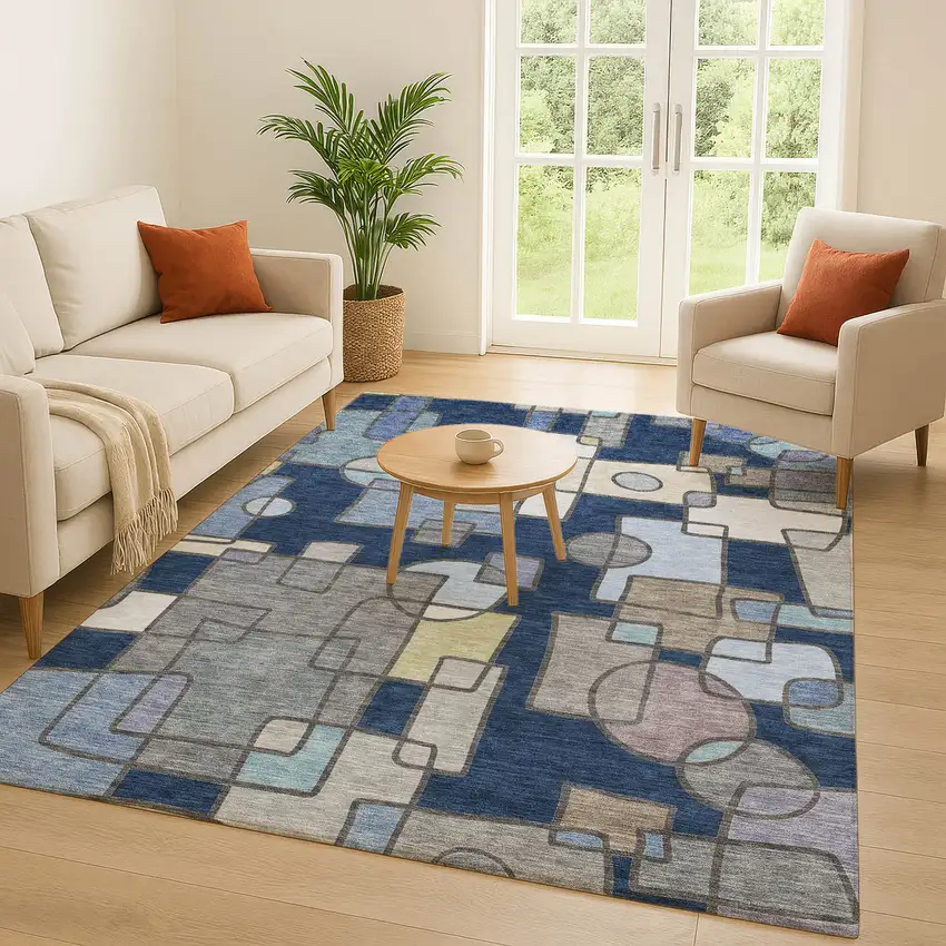 Navy Blue And Sky Blue Geometric Washable Indoor Outdoor Area Rug Photo 5