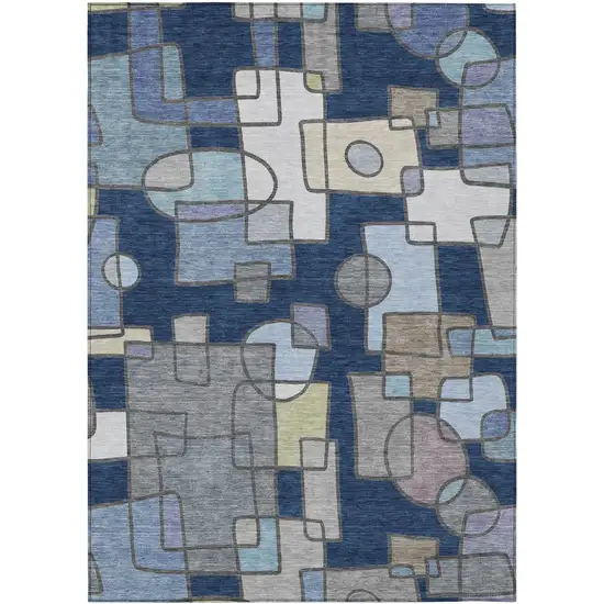 Navy Blue And Sky Blue Geometric Washable Indoor Outdoor Area Rug Photo 1