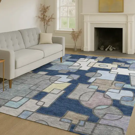 Navy Blue And Sky Blue Geometric Washable Indoor Outdoor Area Rug Photo 6