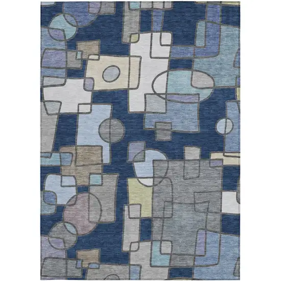 Navy Blue And Sky Blue Geometric Washable Indoor Outdoor Area Rug Photo 3