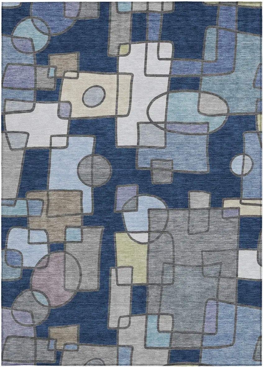 Navy Blue And Sky Blue Geometric Washable Indoor Outdoor Area Rug Photo 3