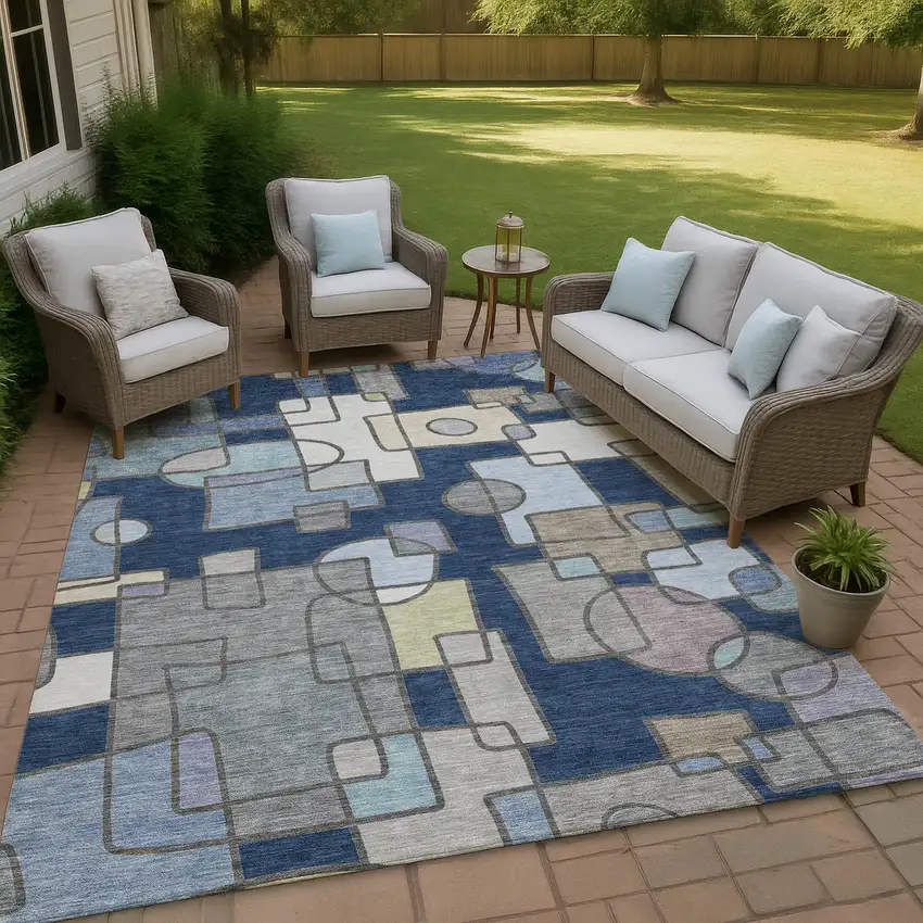 Navy Blue And Sky Blue Geometric Washable Indoor Outdoor Area Rug Photo 4