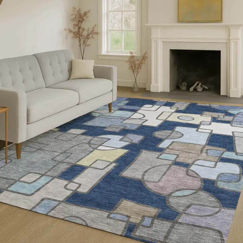 Navy Blue And Sky Blue Geometric Washable Indoor Outdoor Area Rug Photo 6