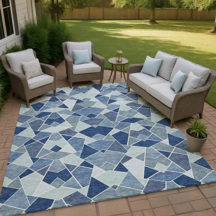 Navy Blue And Sky Blue Geometric Washable Indoor Outdoor Area Rug Photo 4
