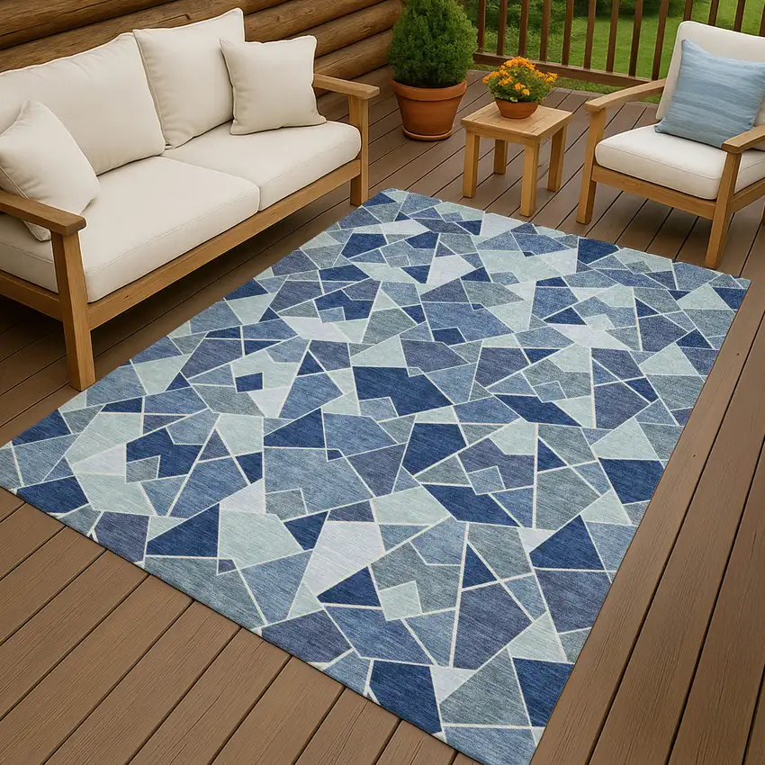 Navy Blue And Sky Blue Geometric Washable Indoor Outdoor Area Rug Photo 7