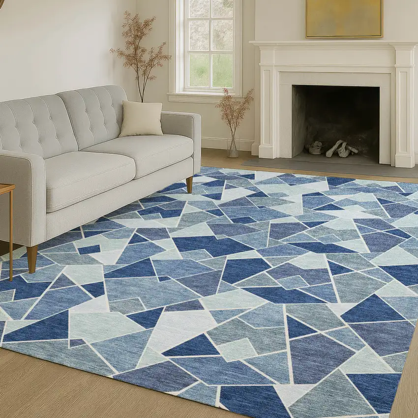 Navy Blue And Sky Blue Geometric Washable Indoor Outdoor Area Rug Photo 6