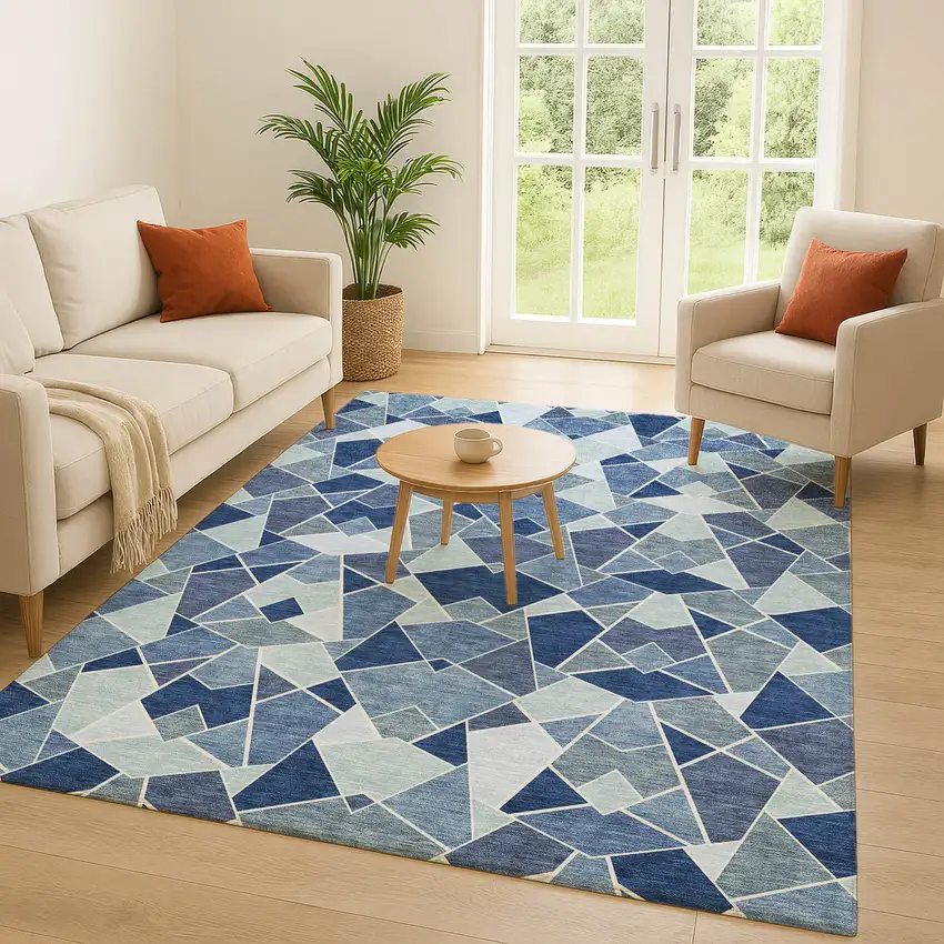 Navy Blue And Sky Blue Geometric Washable Indoor Outdoor Area Rug Photo 5