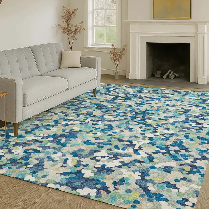 Navy Blue And Sky Blue Geometric Washable Indoor Outdoor Area Rug Photo 6