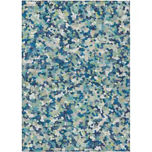 Photo of Navy Blue And Sky Blue Geometric Washable Indoor Outdoor Area Rug