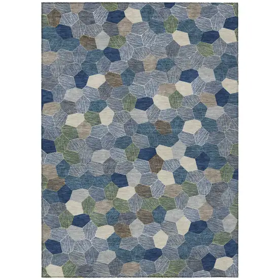 Navy Blue And Sky Blue Geometric Washable Indoor Outdoor Area Rug Photo 1