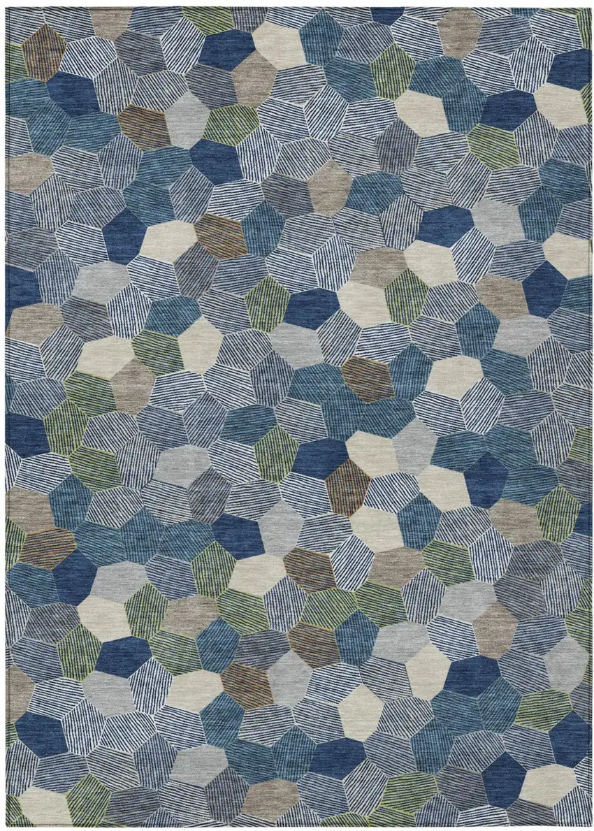 Navy Blue And Sky Blue Geometric Washable Indoor Outdoor Area Rug Photo 1