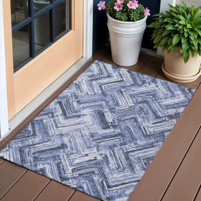 Navy Blue And Sky Blue Geometric Washable Indoor Outdoor Area Rug Photo 1