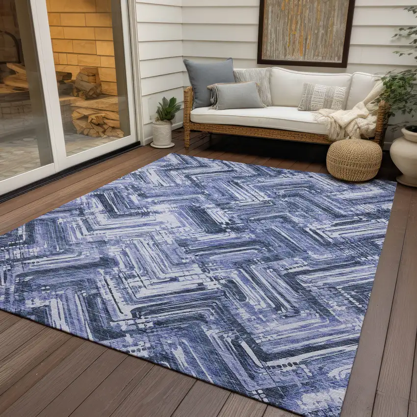 Navy Blue And Sky Blue Geometric Washable Indoor Outdoor Area Rug Photo 9
